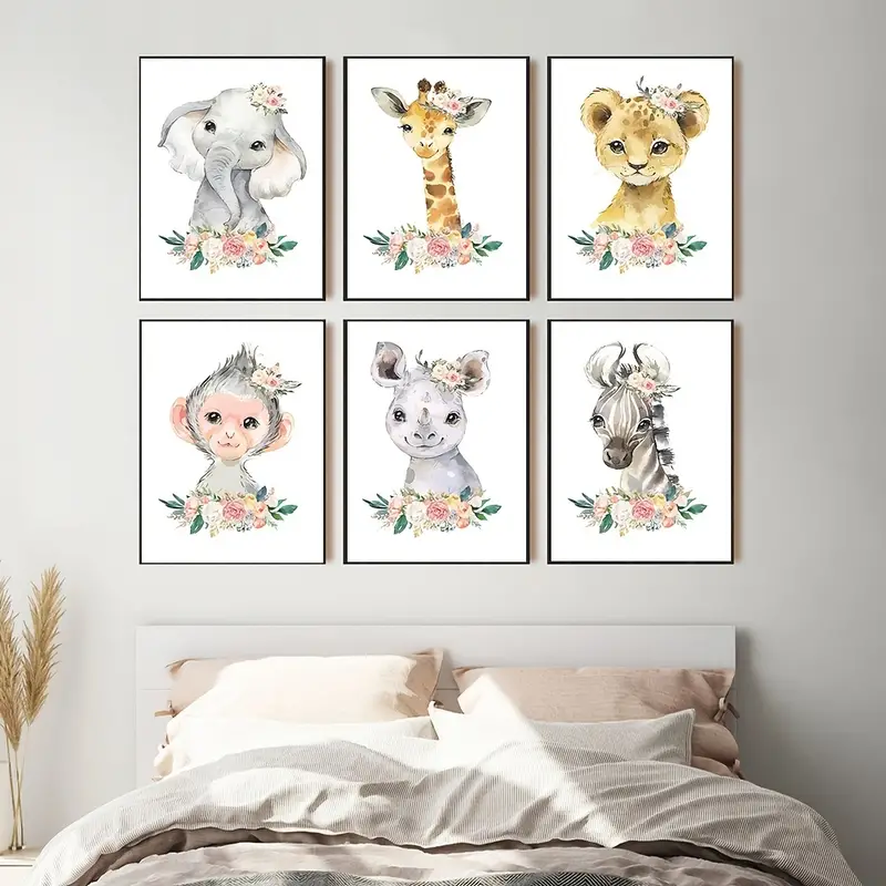 6pcs watercolor cute animal flower poster wall art