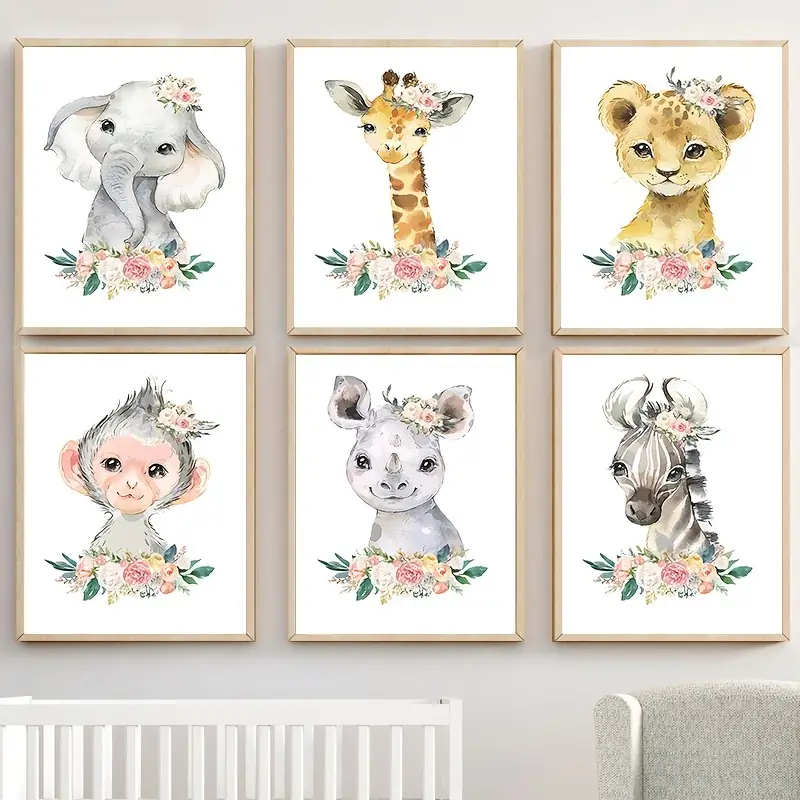6pcs watercolor cute animal flower poster wall art