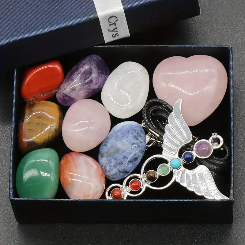 Natural Chakra Angel Wing Pendant Heart Shape Rose Quartz Tumbled Polished Stones Energy Healing Crystals Set