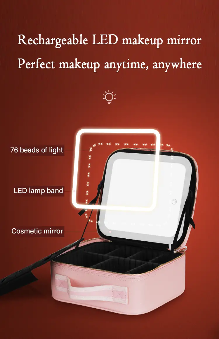 Travel Makeup Bag with Mirror Large Capacity Cosmetic Storage Box Portable Travel Makeup Bag Case with led light Mirror Makeup Accessories details 0