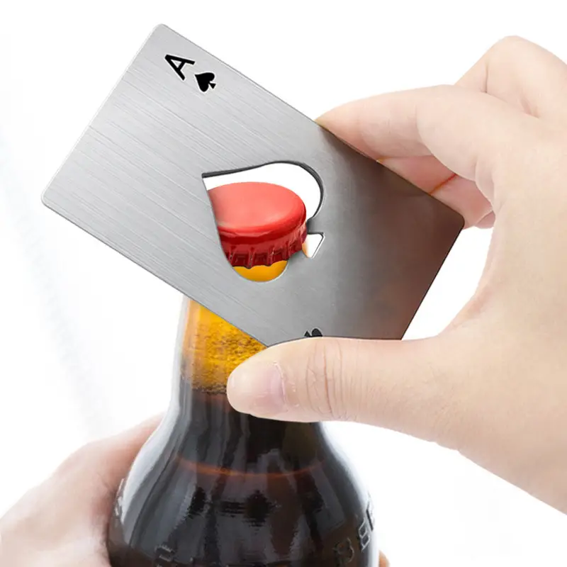 1pc preto prateado pôquer cartão cerveja abridor de garrafas metal mini portátil pá um abridor aço inoxidável cozinha barra ferramentas detalhes fotos 0