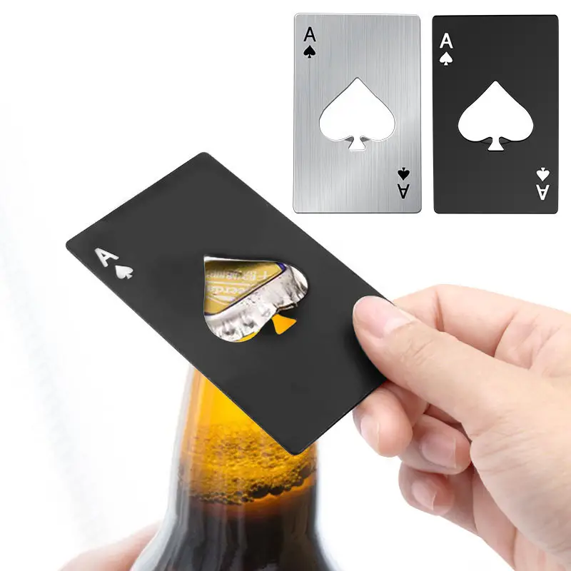 1pc preto prateado cartão de pôquer cerveja abridor de garrafas de metal mini pá portátil um abridor de aço inoxidável barra de ferramentas ferramentas detalhes 1