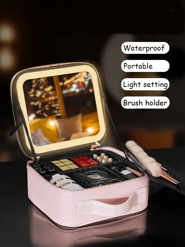 Travel Makeup Bag with Mirror Large Capacity Cosmetic Storage Box Travel Portable Make Up Bag Case with led light Mirror Makeup Accessories Details 4