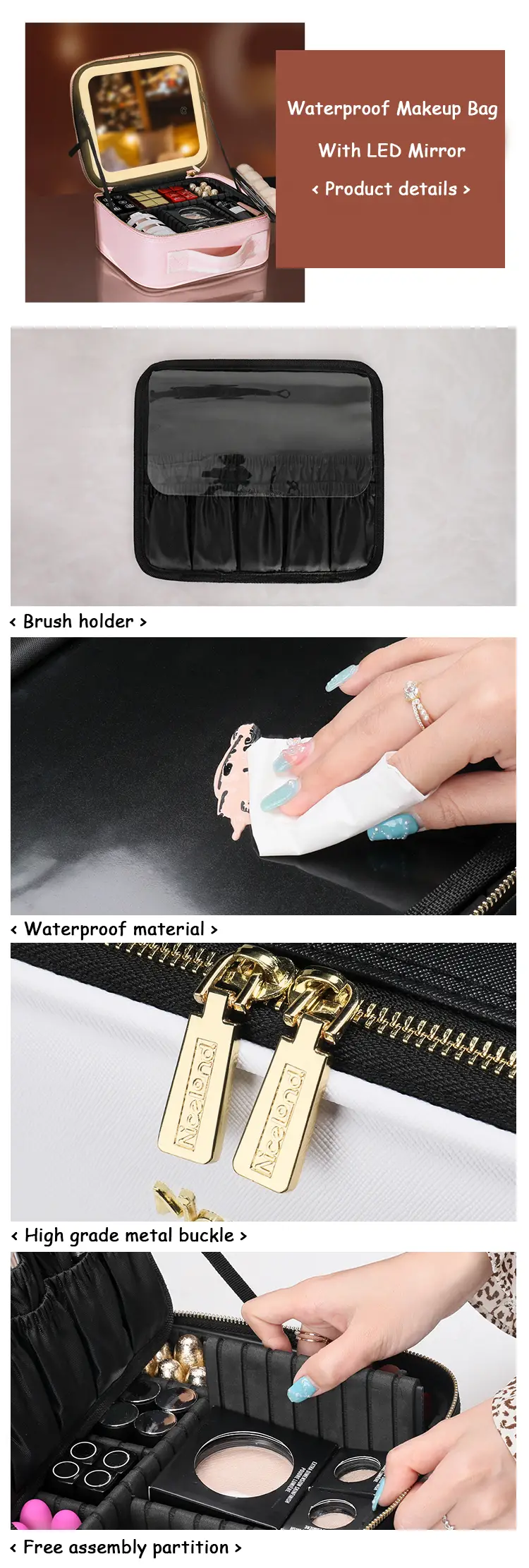 Travel Makeup Bag with Mirror Large Capacity Cosmetic Storage Box Travel Portable Make Up Bag Case with led light Mirror Makeup Accessories Details 1