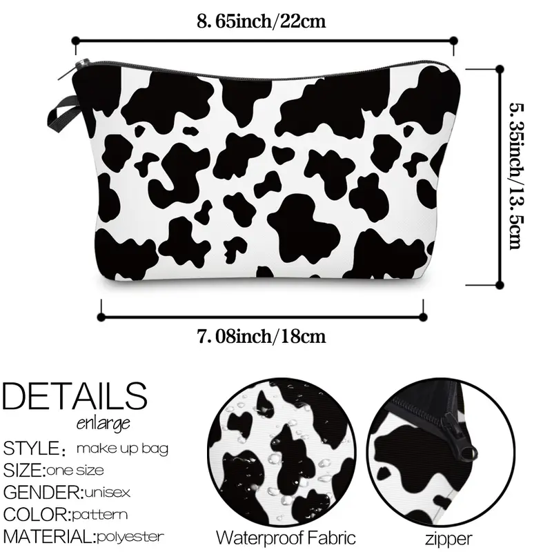 bolsa cosmética padrão de vaca para mulheres adorável bolsa de maquiagem espaçosa bolsa de viagem resistente à água bolsa de higiene acessórios organizador detalhes do presente de feriado 3